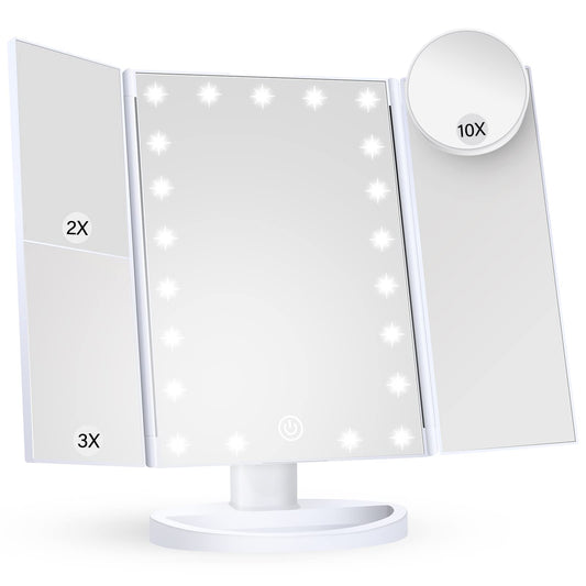 Makeup Mirror Vanity Mirror with Lights, 2X 3X 10X Magnification, Lighted Makeup Mirror, Touch Control, Trifold Makeup Mirror, Dual Power Supply, Portable LED Makeup Mirror, Women Gift (White)