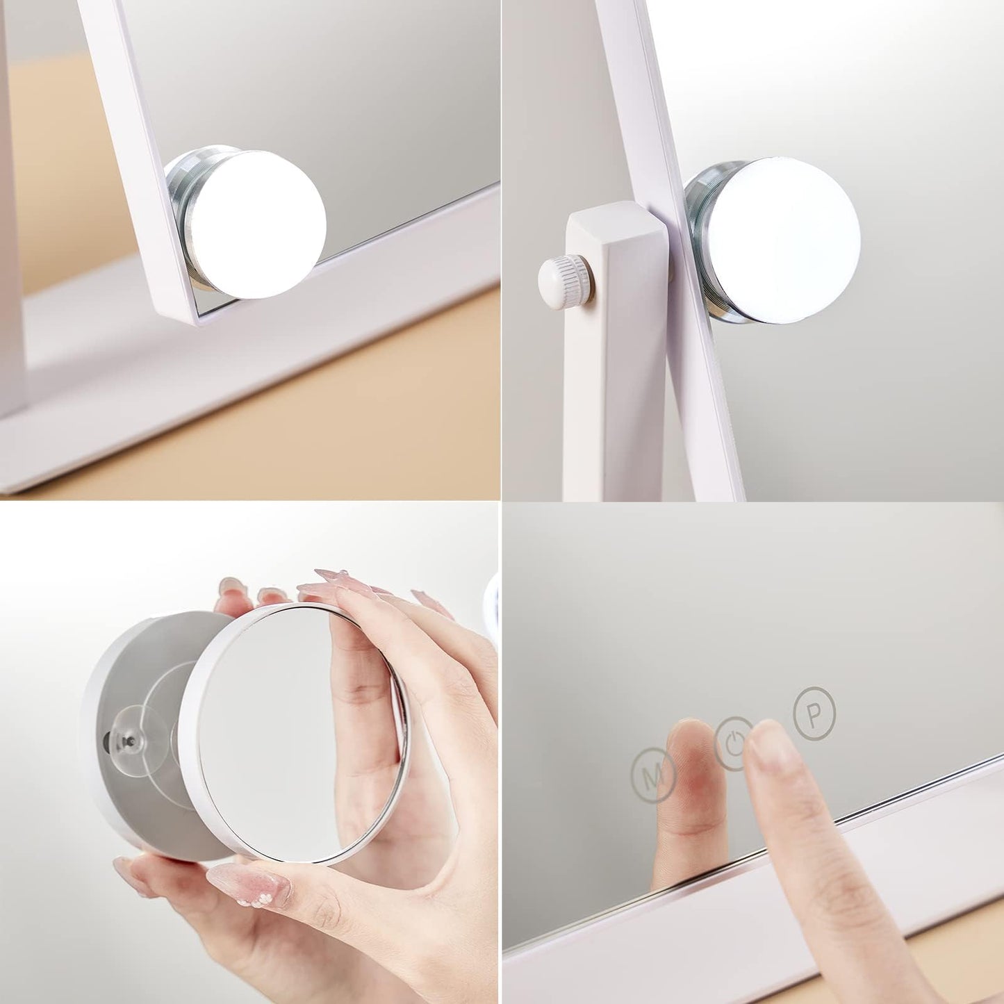 HIEEY Hollywood Vanity Mirror with Lights, Makeup 9 Dimmable Bulbs Three Color Lighting Modes, and 5X Magnification Mirror, Smart Touch Control, 360°Rotation (White)