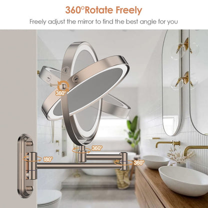 Rocollos Two-Fingers-Width Narrow Base Rechargeable Wall Mounted Lighted Makeup Mirror,3 Color Lights Dimmable Touch Screen,8 Inch LED Double Sided 1X/10X Magnifying Mirror 13 Inch Retractable