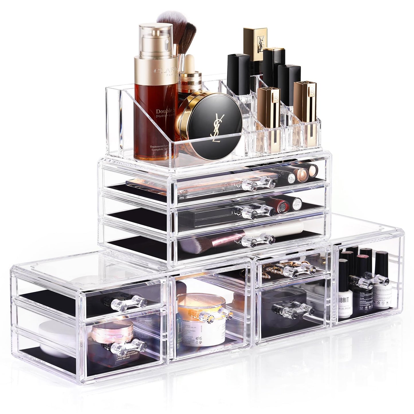 DreamGenius Makeup Organizer, 4 Pieces Acrylic Makeup Storage Box with 9 Drawers for Lipstick Jewelry and Makeup Brushes, Stackable Vanity Organizer for Dresser and Bathroom Countertop, Clear