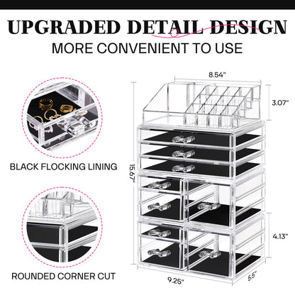 DreamGenius Makeup Organizer, 4 Pieces Acrylic Makeup Storage Box with 9 Drawers for Lipstick Jewelry and Makeup Brushes, Stackable Vanity Organizer for Dresser and Bathroom Countertop, Clear