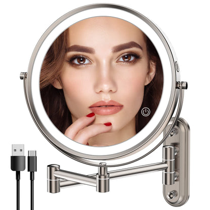 Rocollos Two-Fingers-Width Narrow Base Rechargeable Wall Mounted Lighted Makeup Mirror,3 Color Lights Dimmable Touch Screen,8 Inch LED Double Sided 1X/10X Magnifying Mirror 13 Inch Retractable