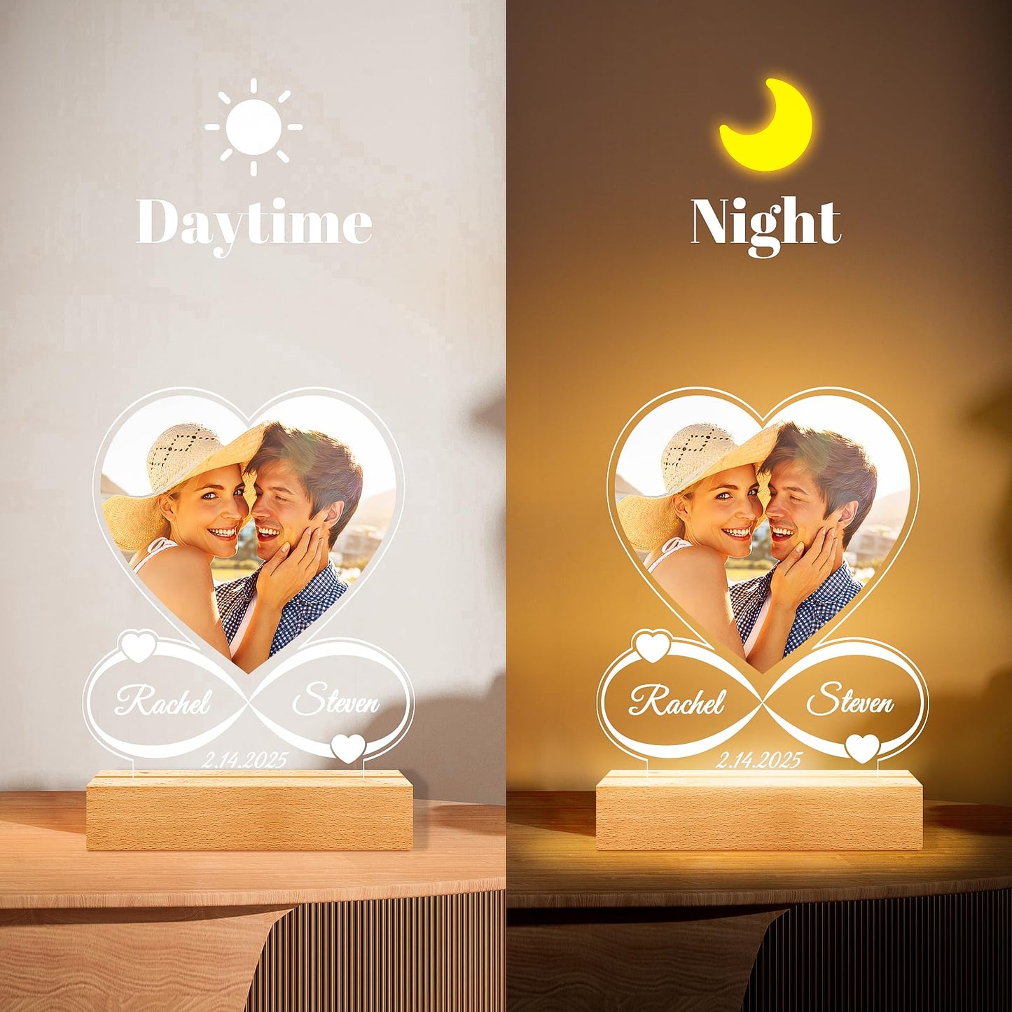 Personalized Valentines Day Gifts for Him Her, Customized Picture Frames with Photo, Custom Photo Frame with Night Light, Personalized Anniversary Couples Gifts for Women Men Boyfriend Girlfriend