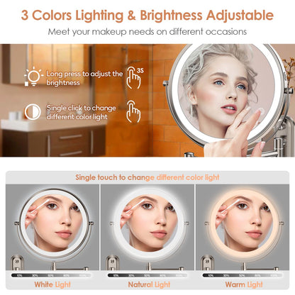 Rocollos Two-Fingers-Width Narrow Base Rechargeable Wall Mounted Lighted Makeup Mirror,3 Color Lights Dimmable Touch Screen,8 Inch LED Double Sided 1X/10X Magnifying Mirror 13 Inch Retractable