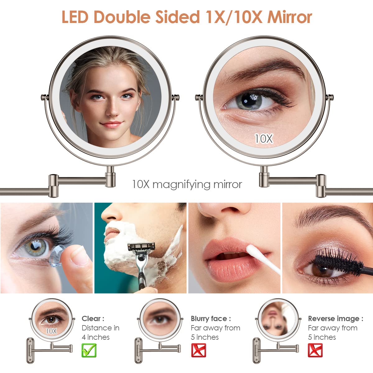 Rocollos Two-Fingers-Width Narrow Base Rechargeable Wall Mounted Lighted Makeup Mirror,3 Color Lights Dimmable Touch Screen,8 Inch LED Double Sided 1X/10X Magnifying Mirror 13 Inch Retractable