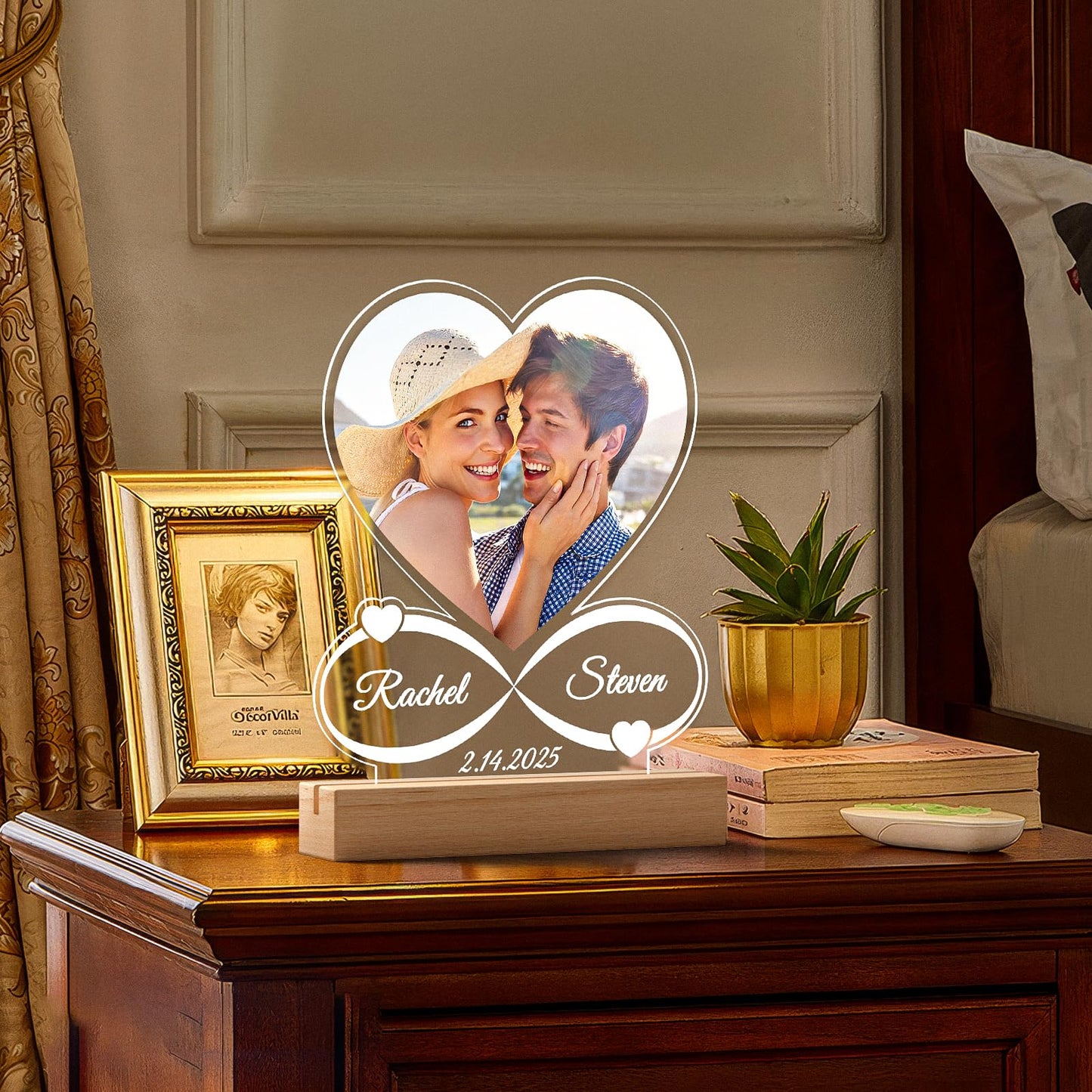 Personalized Valentines Day Gifts for Him Her, Customized Picture Frames with Photo, Custom Photo Frame with Night Light, Personalized Anniversary Couples Gifts for Women Men Boyfriend Girlfriend